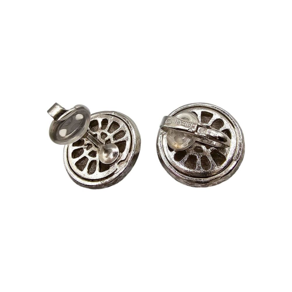 Clip-On Signed Crown Trifari Earrings Dome Shaped Needle Point Design Rare Find - Picture 5 of 5
